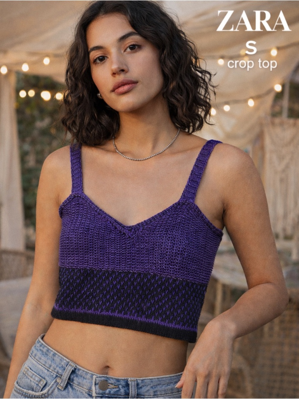 ZARA Knit Crop crochet Tank Top Purple Black Stretch Bralette Women size Small